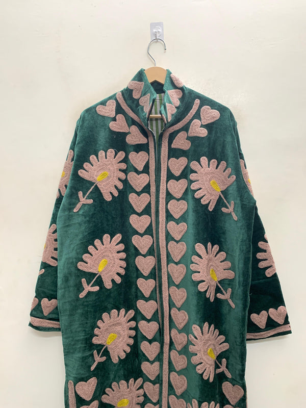 The Gulnar Kimono — Suzani Hand-Embroidered Velvet Jacket — Emerald Green with Dusty Rose Florals
