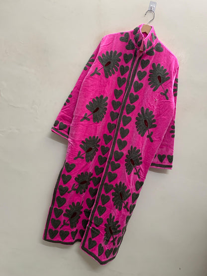 The Marigold Sentinel — Suzani Chain-Stitch Velvet Kimono — Fuchsia Pink & Charcoal