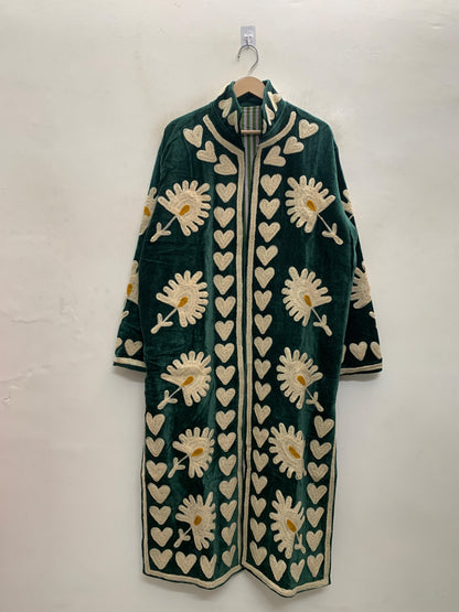 The Daisy Meadow Kimono — Suzani Chainstitch Velvet Jacket — Forest Green with Ivory Daisies