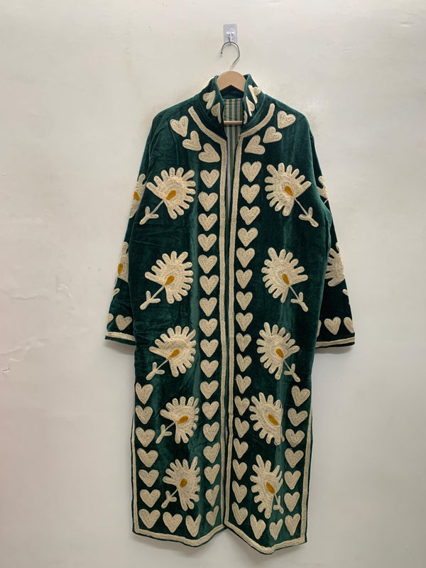 The Daisy Meadow Kimono — Suzani Chainstitch Velvet Jacket — Forest Green with Ivory Daisies