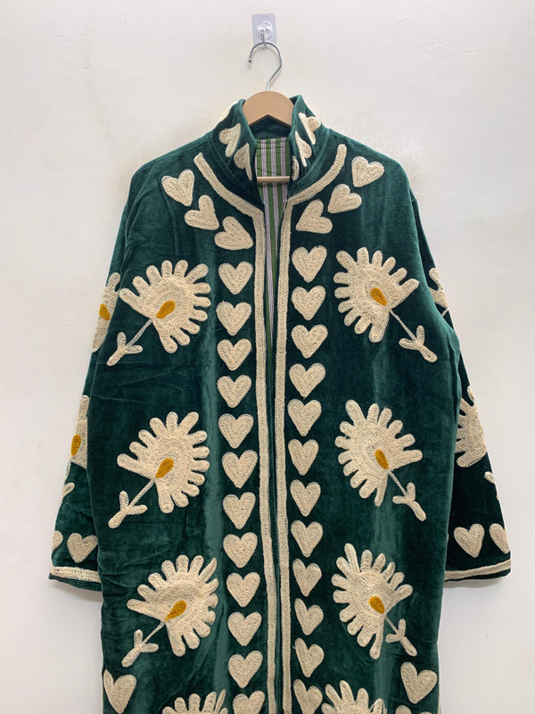 The Daisy Meadow Kimono — Suzani Chainstitch Velvet Jacket — Forest Green with Ivory Daisies