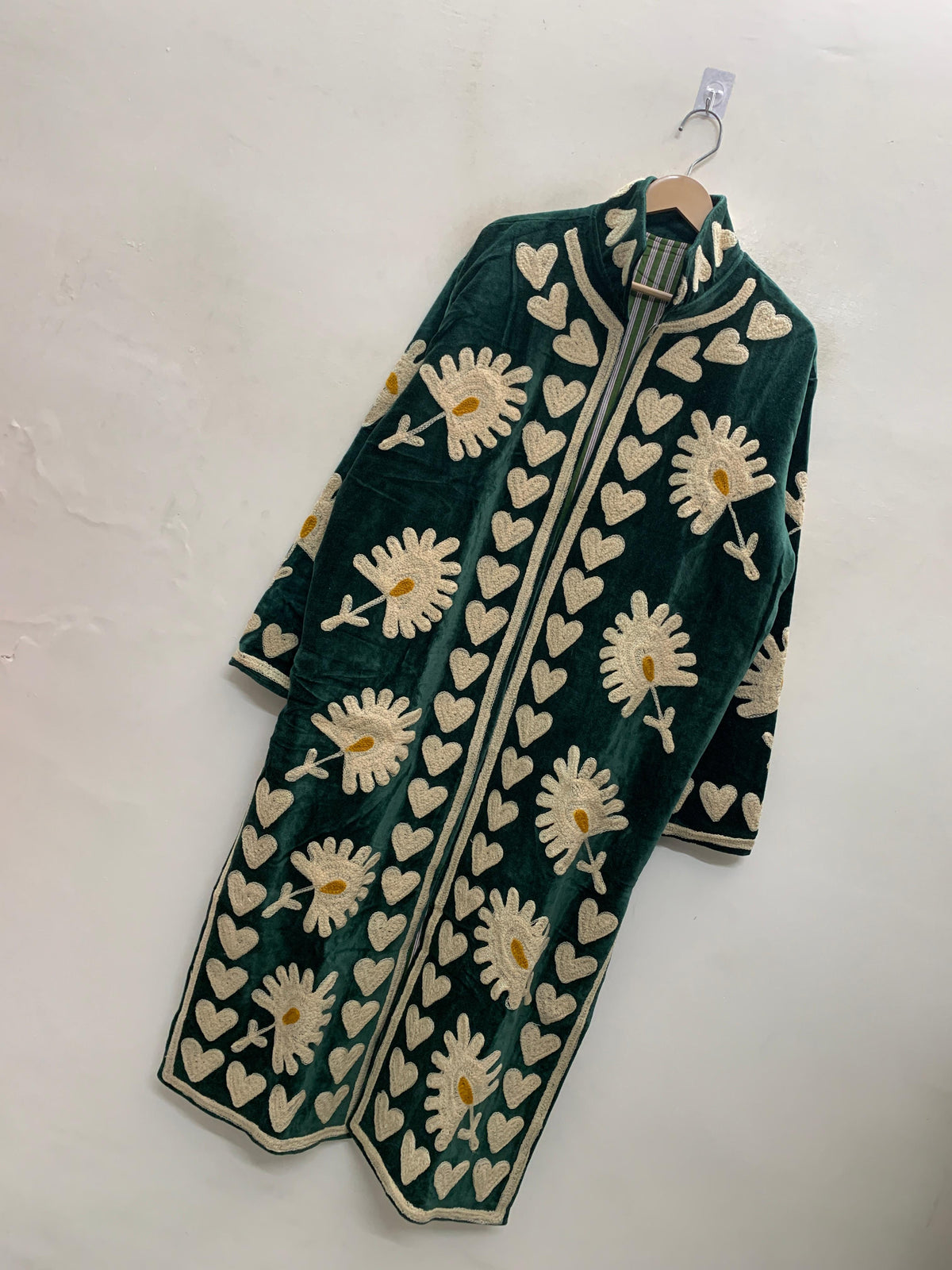 The Daisy Meadow Kimono — Suzani Chainstitch Velvet Jacket — Forest Green with Ivory Daisies
