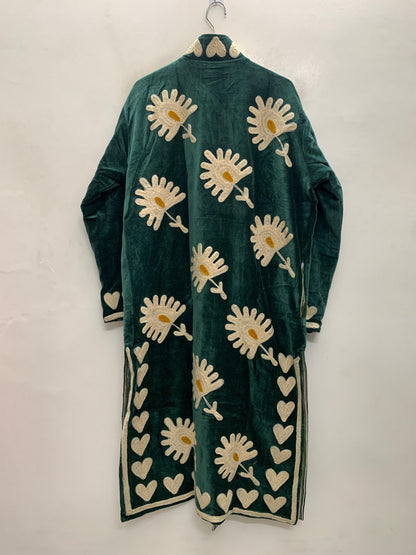 The Daisy Meadow Kimono — Suzani Chainstitch Velvet Jacket — Forest Green with Ivory Daisies