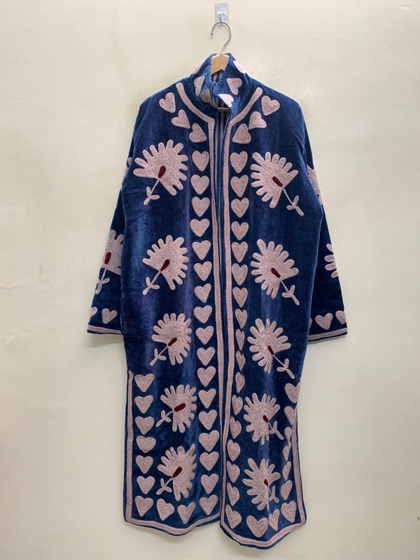 The Indigo Bloomfield — Suzani-Embroidered Velvet Kimono — Midnight Blue with Lilac Florals