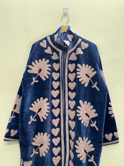 The Indigo Bloomfield — Suzani-Embroidered Velvet Kimono — Midnight Blue with Lilac Florals