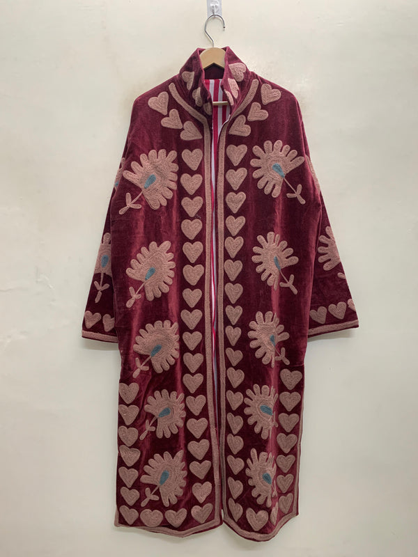 The Rani Bloom — Aari Chainstitch Velvet Kimono — Maroon with Dusty Rose Embroidery