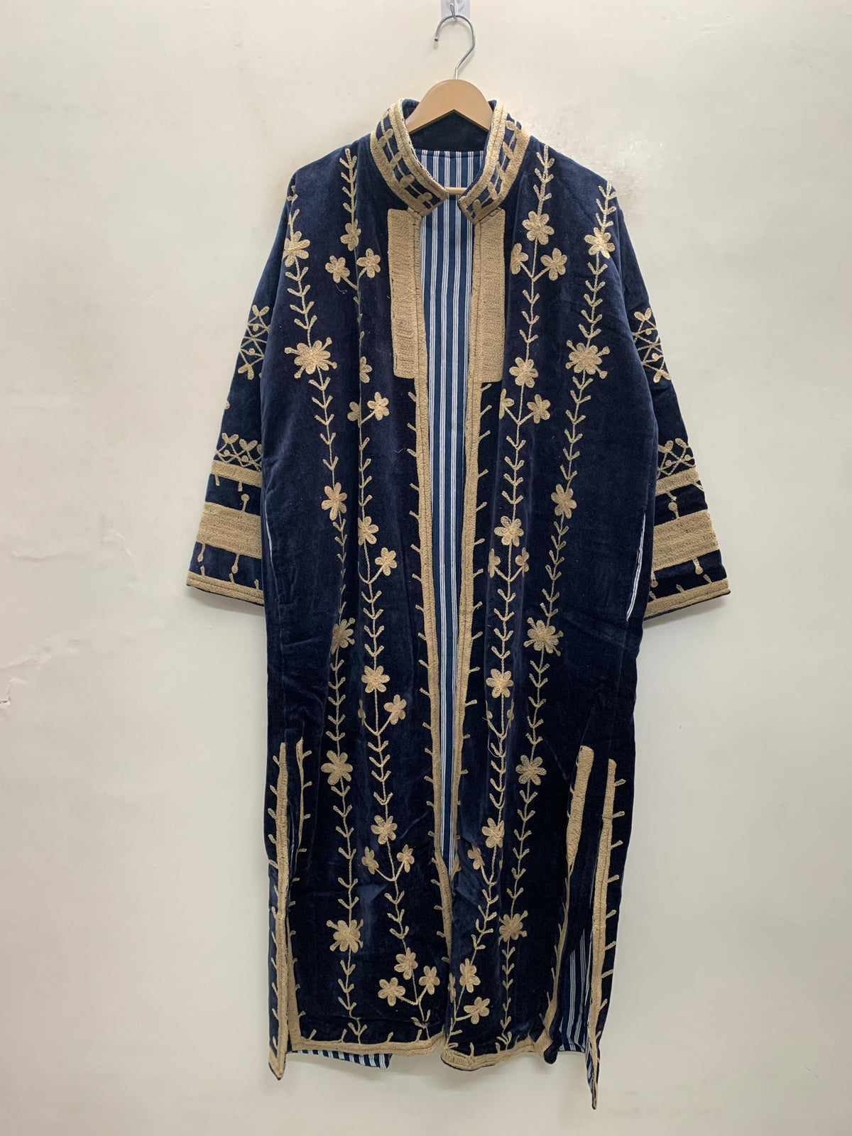 The Midnight Vine — Suzani Hand-Embroidered Velvet Kimono — Navy & Antique Gold