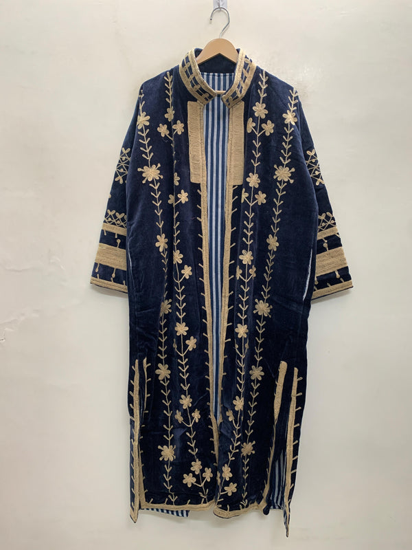 The Midnight Vine — Suzani Hand-Embroidered Velvet Kimono — Navy & Antique Gold