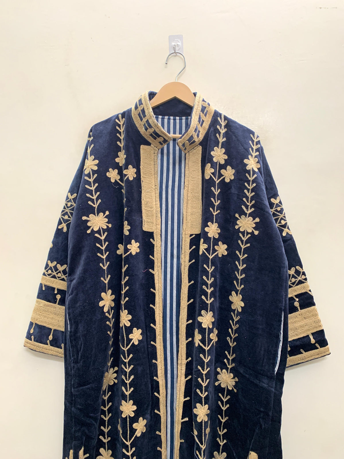 The Midnight Vine — Suzani Hand-Embroidered Velvet Kimono — Navy & Antique Gold