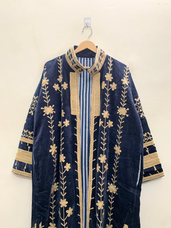 The Midnight Vine — Suzani Hand-Embroidered Velvet Kimono — Navy & Antique Gold