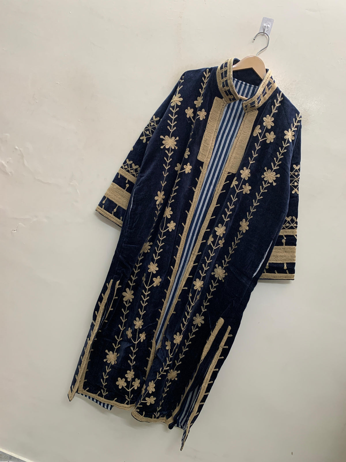 The Midnight Vine — Suzani Hand-Embroidered Velvet Kimono — Navy & Antique Gold