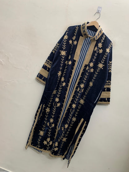 The Midnight Vine — Suzani Hand-Embroidered Velvet Kimono — Navy & Antique Gold