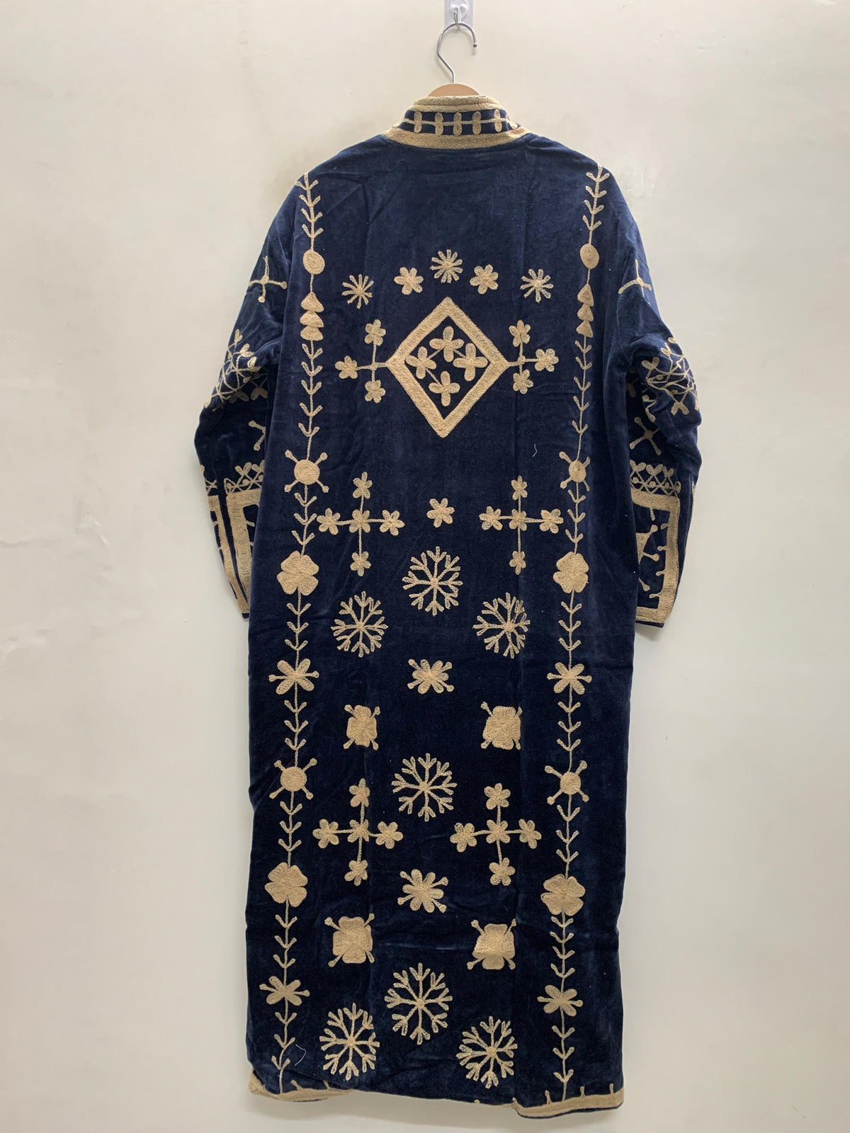 The Midnight Vine — Suzani Hand-Embroidered Velvet Kimono — Navy & Antique Gold