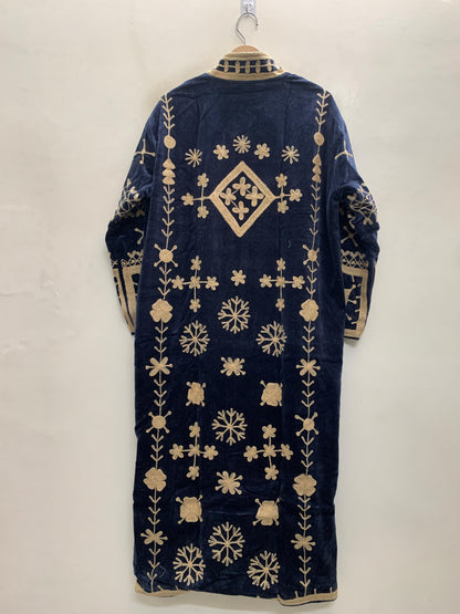 The Midnight Vine — Suzani Hand-Embroidered Velvet Kimono — Navy & Antique Gold