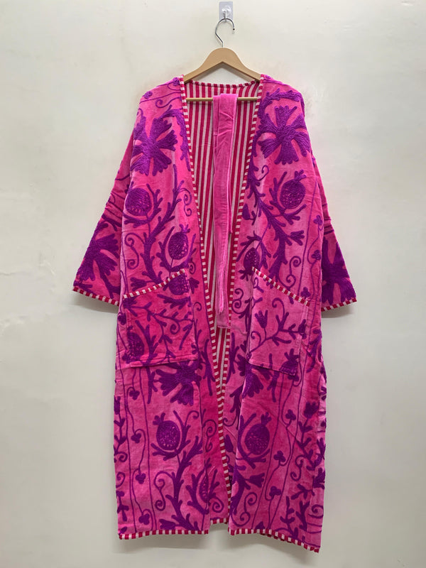 The Anarkali Bloom — Suzani Hand-Embroidered Velvet Kimono — Fuchsia Pink with Violet Pomegranate Motifs
