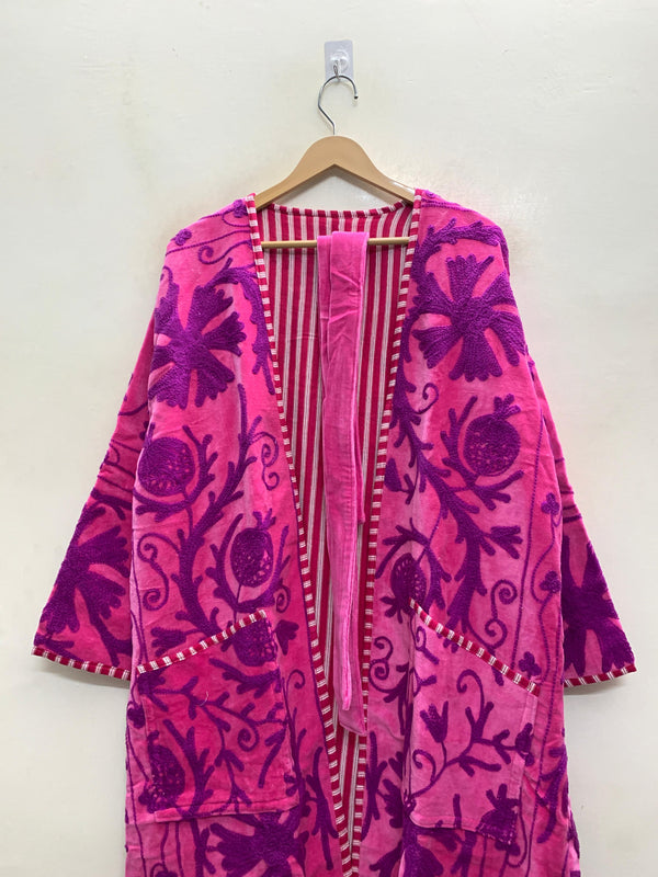 The Anarkali Bloom — Suzani Hand-Embroidered Velvet Kimono — Fuchsia Pink with Violet Pomegranate Motifs
