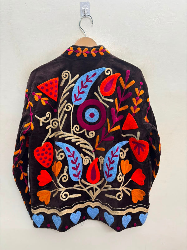 The Nightbloom Suzani — Hand-Embroidered Velvet Jacket — Espresso Brown with Sky Blue & Marigold Embroidery
