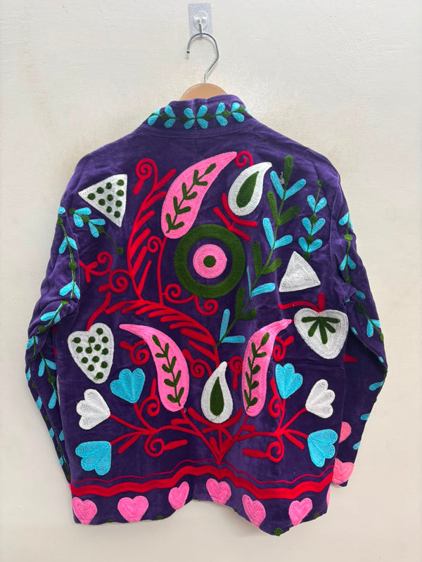 The Zafira Bloom — Suzani Hand-Embroidered Velvet Jacket — Deep Purple with Rose Pink & Turquoise Motifs