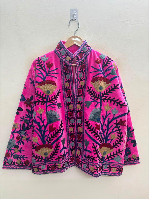 The Zafira — Suzani-Embroidered Velvet Jacket — Fuchsia Pink with Indigo & Marigold Florals