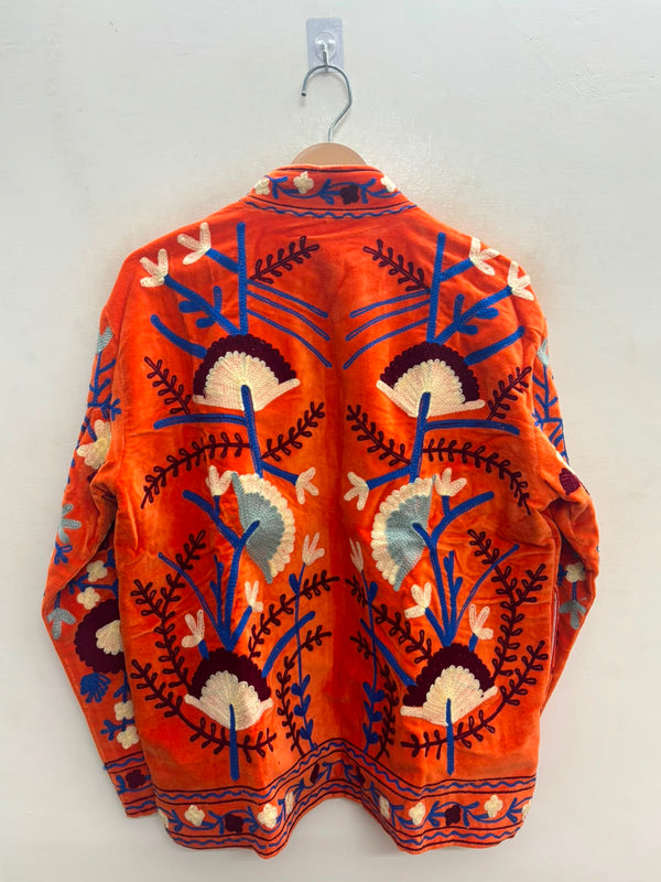 The Marigold Suzani — Hand-Embroidered Velvet Jacket — Burnt Orange with Cobalt & Ivory Bloom