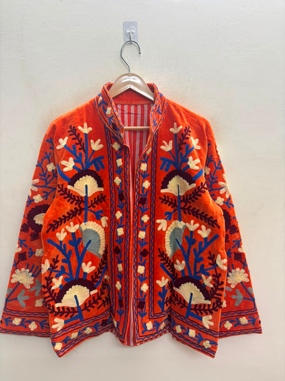The Marigold Suzani — Hand-Embroidered Velvet Jacket — Burnt Orange with Cobalt & Ivory Bloom