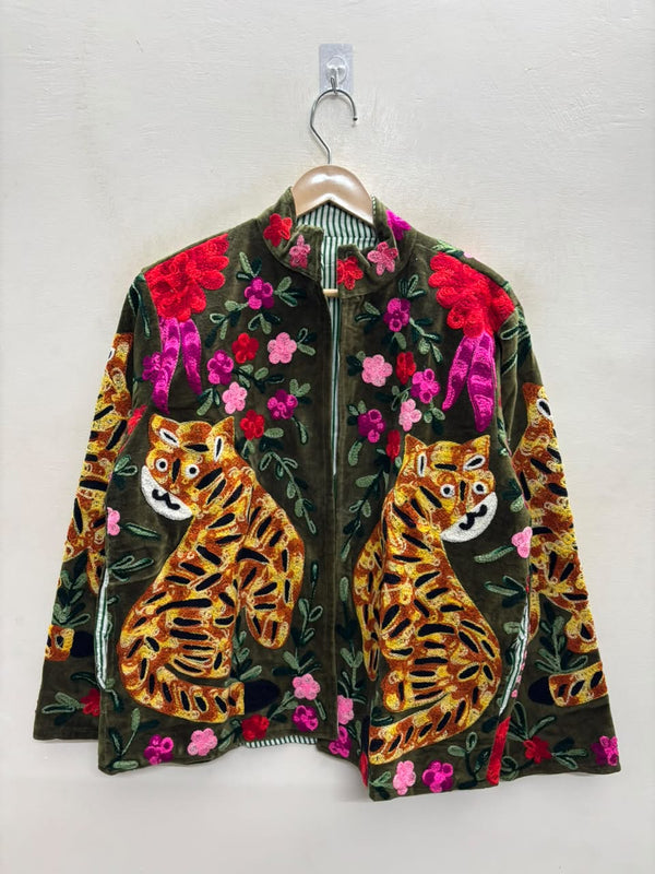 The Bagh Rakshak — Suzani Embroidered Velvet Jacket — Moss Green with Marigold Tigers
