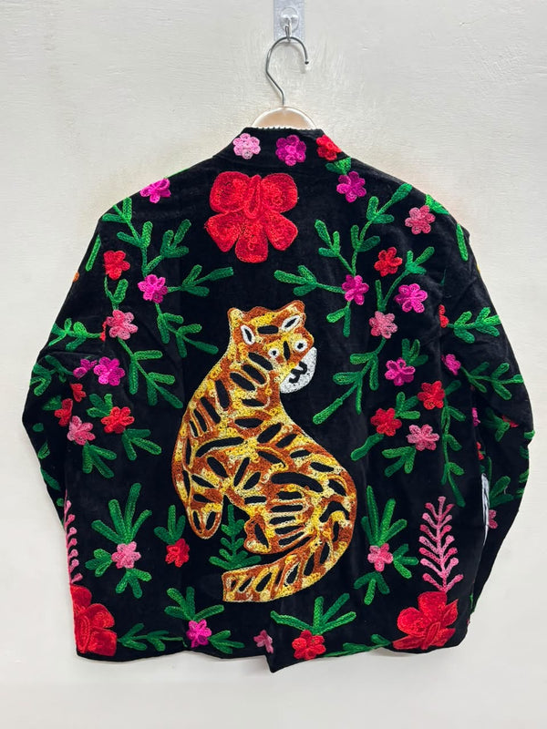 The Bagh-Bahaar — Suzani Embroidered Velvet Jacket — Midnight Black with Tiger & Wildflower Motifs
