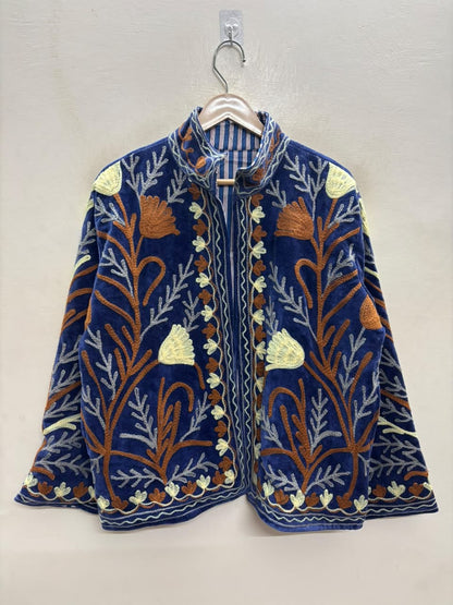 The Midnight Meadow — Suzani Hand-Embroidered Velvet Jacket — Indigo Blue with Ivory & Rust Florals