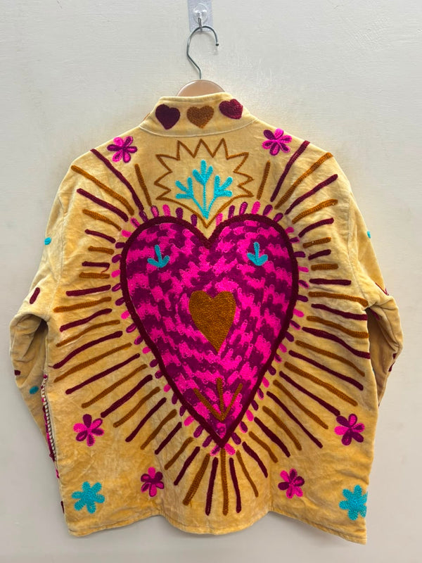 The Radiant Heart — Suzani Embroidered Velvet Jacket — Buttercream Gold with Magenta Bloom