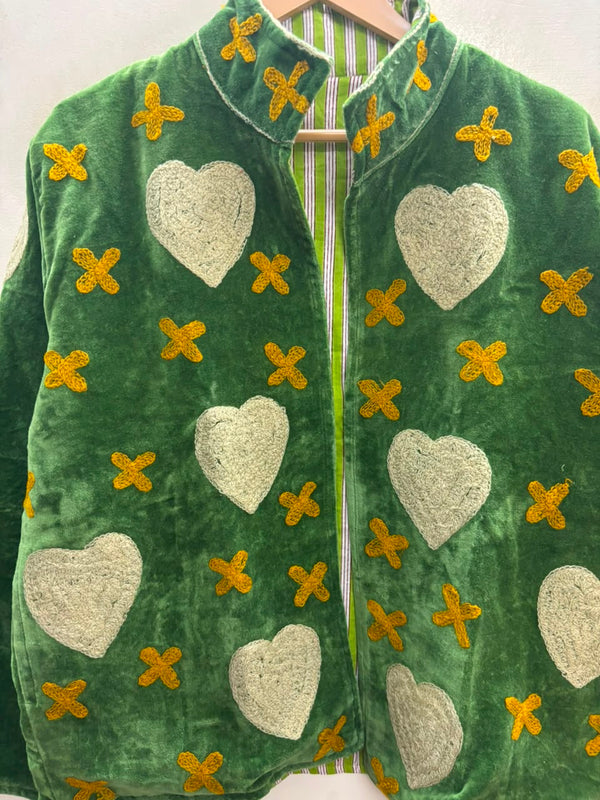 The Meadow Talisman — Hand-Crocheted Suzani Velvet Jacket — Emerald Green with Ivory Hearts & Marigold Crosses