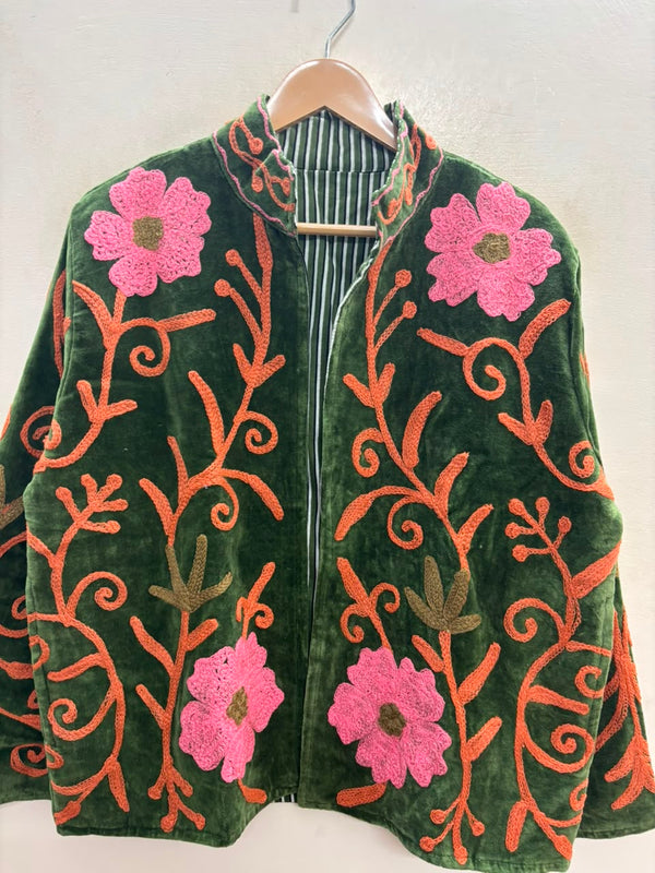 The Bagh-e-Gulab — Suzani Embroidered Velvet Jacket — Moss Green with Blossom Pink