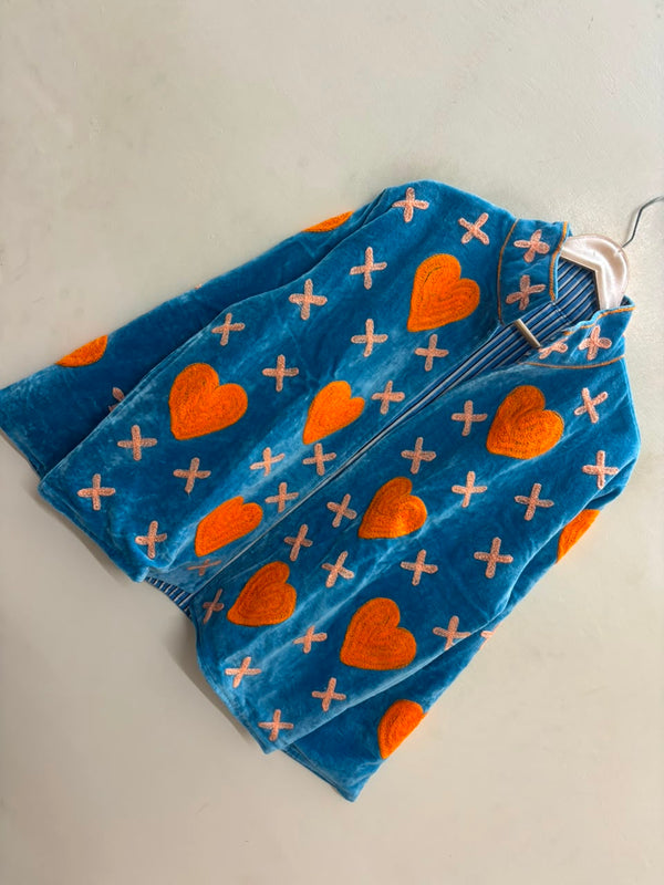 The Marigold Heart — Suzani-Embroidered Velvet Jacket — Peacock Blue with Marigold Orange
