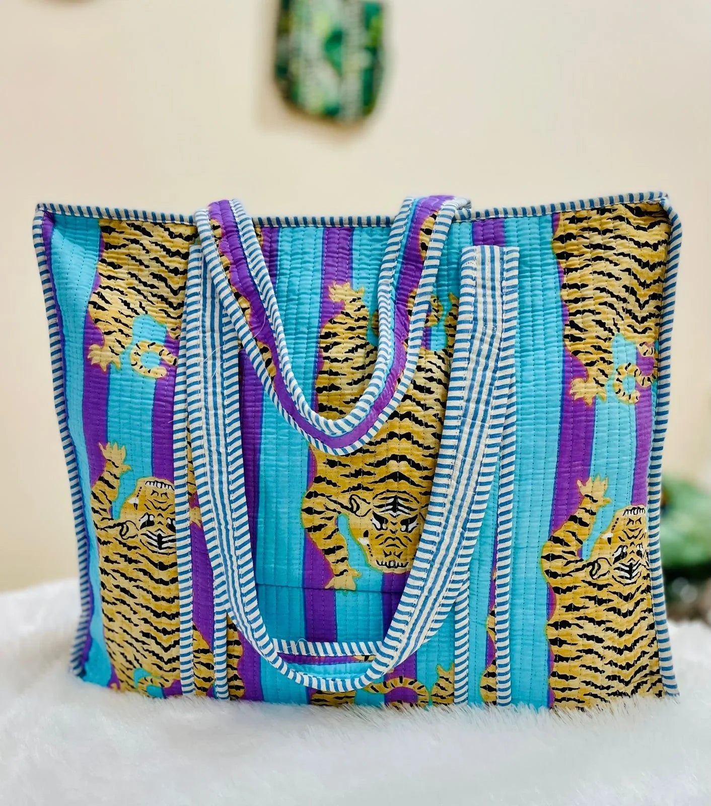 The Jaipur Tote - Striped Tiger Tote - Zoshak Hand-Block Print · Cotton Quilted