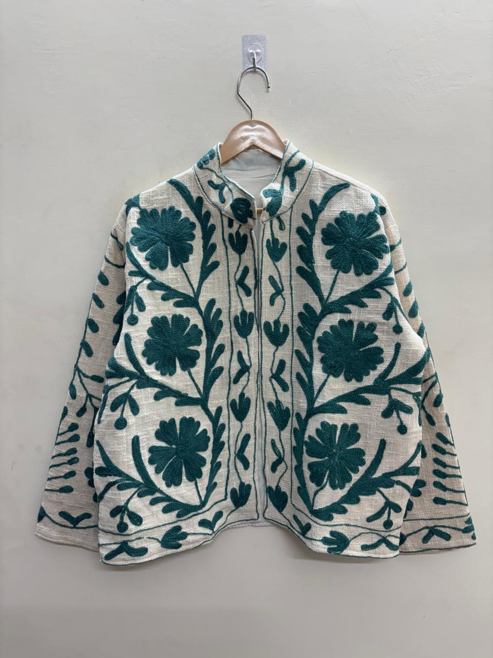 The Teal Garden — Suzani Hand-Embroidered Khadi (Cotton) Jacket — Ivory & Teal