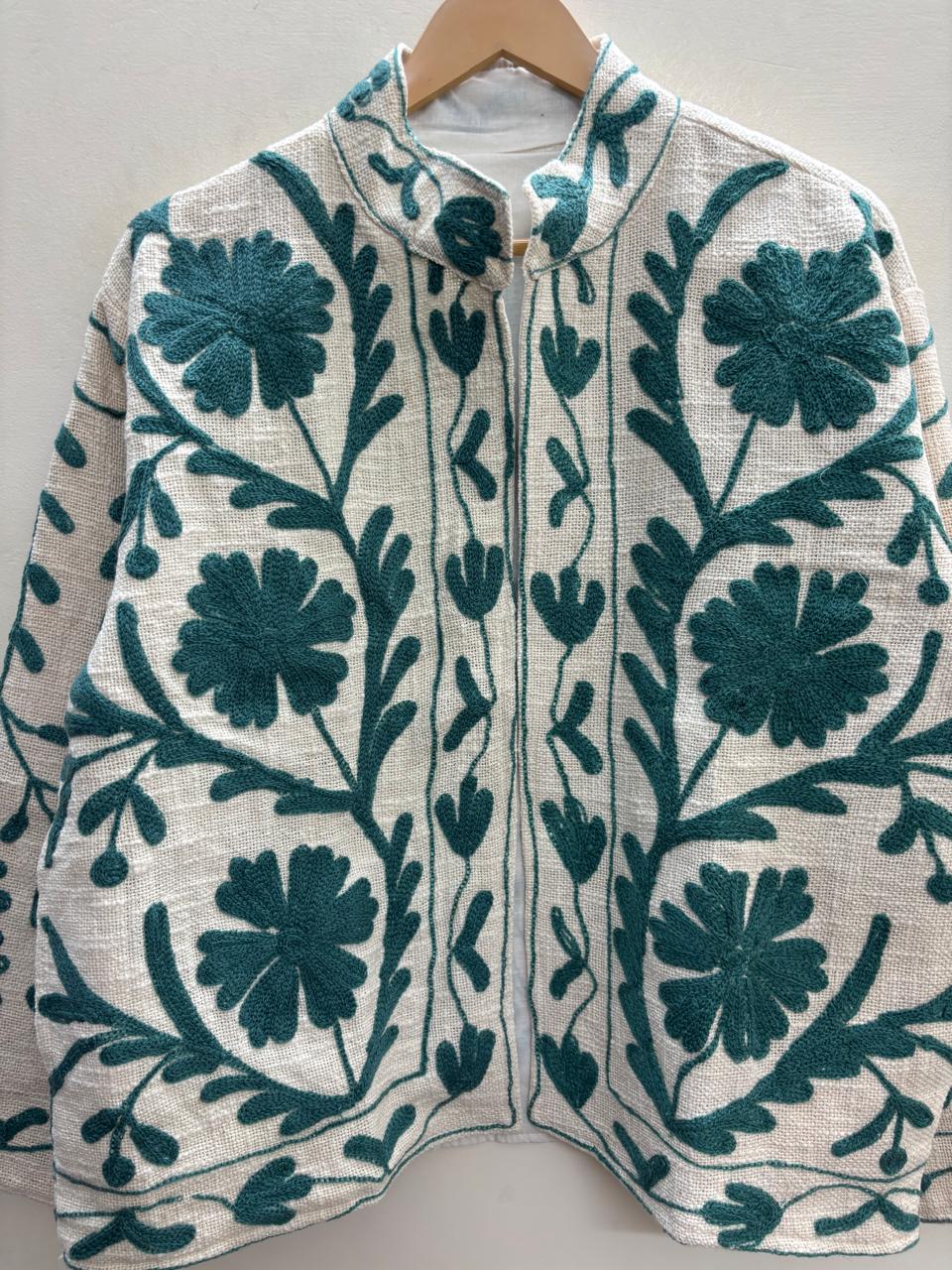 The Teal Garden — Suzani Hand-Embroidered Khadi (Cotton) Jacket — Ivory & Teal