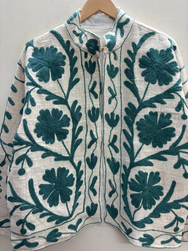 The Teal Garden — Suzani Hand-Embroidered Khadi (Cotton) Jacket — Ivory & Teal