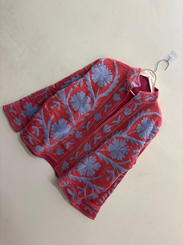 The Crimson Garden — Suzani Embroidered Cotton Jacket — Brick Red & Periwinkle Blue