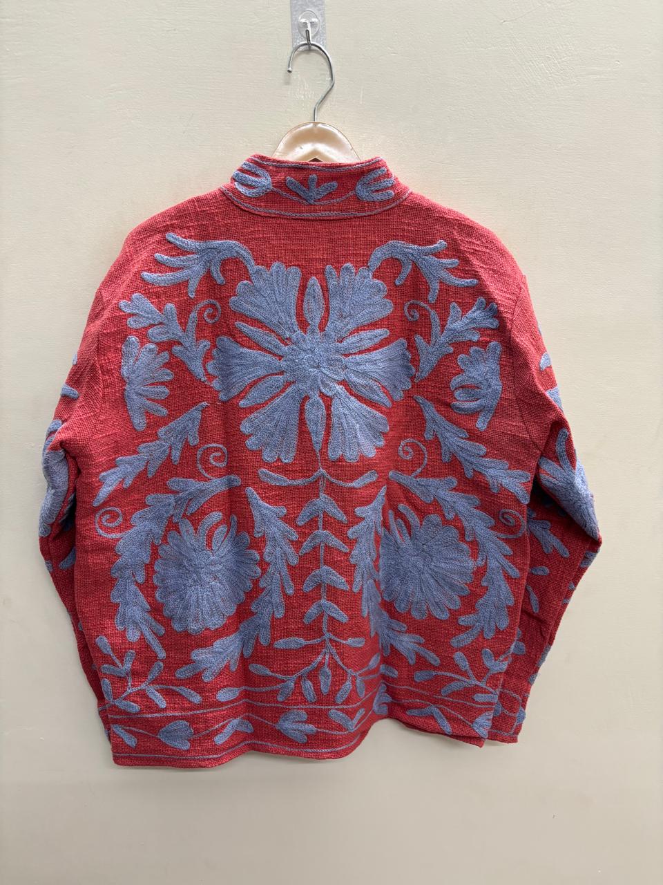 The Crimson Garden — Suzani Embroidered Cotton Jacket — Brick Red & Periwinkle Blue