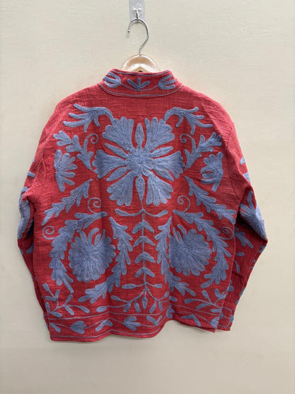 The Crimson Garden — Suzani Embroidered Cotton Jacket — Brick Red & Periwinkle Blue
