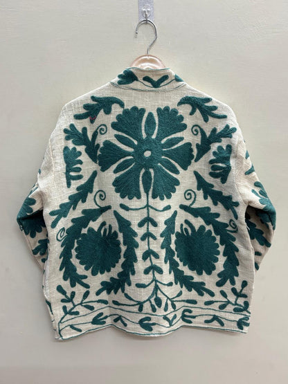 The Teal Garden — Suzani Hand-Embroidered Khadi (Cotton) Jacket — Ivory & Teal