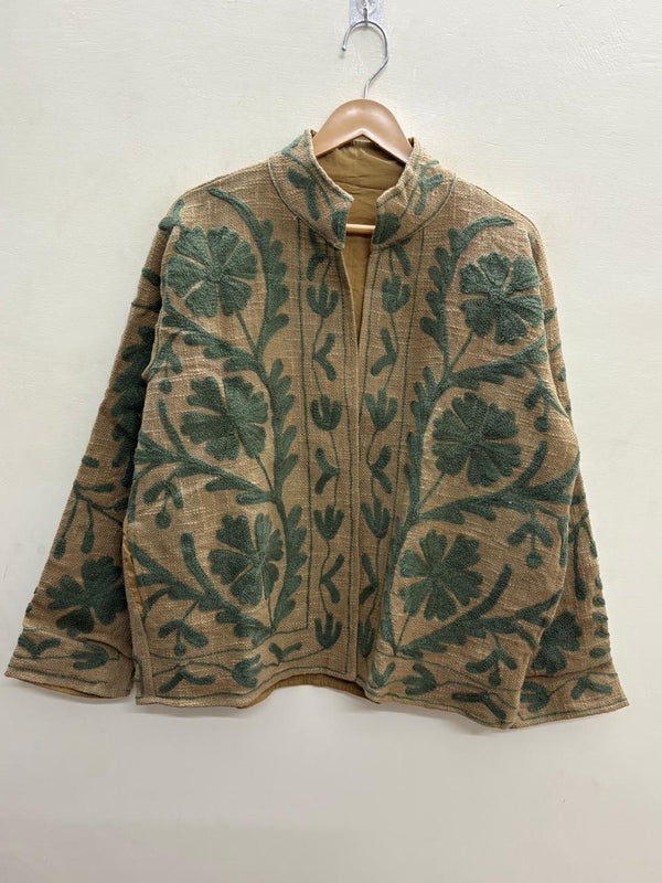 The Desert Bloom — Suzani-Embroidered Jute (Cotton) Jacket — Camel & Forest Green