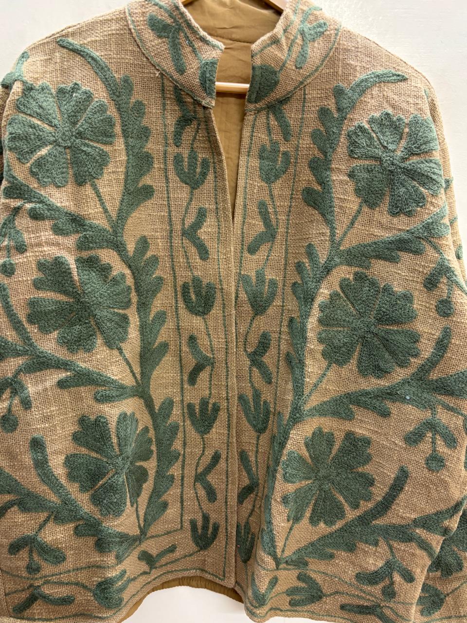 The Desert Bloom — Suzani-Embroidered Jute (Cotton) Jacket — Camel & Forest Green