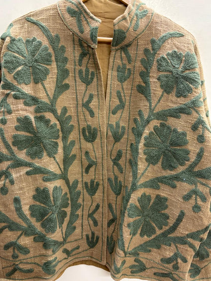 The Desert Bloom — Suzani-Embroidered Jute (Cotton) Jacket — Camel & Forest Green