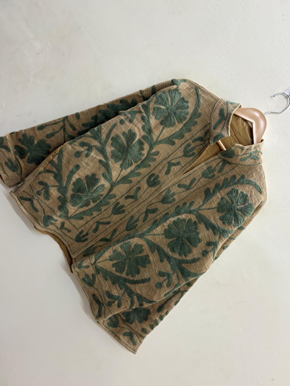 The Desert Bloom — Suzani-Embroidered Jute (Cotton) Jacket — Camel & Forest Green