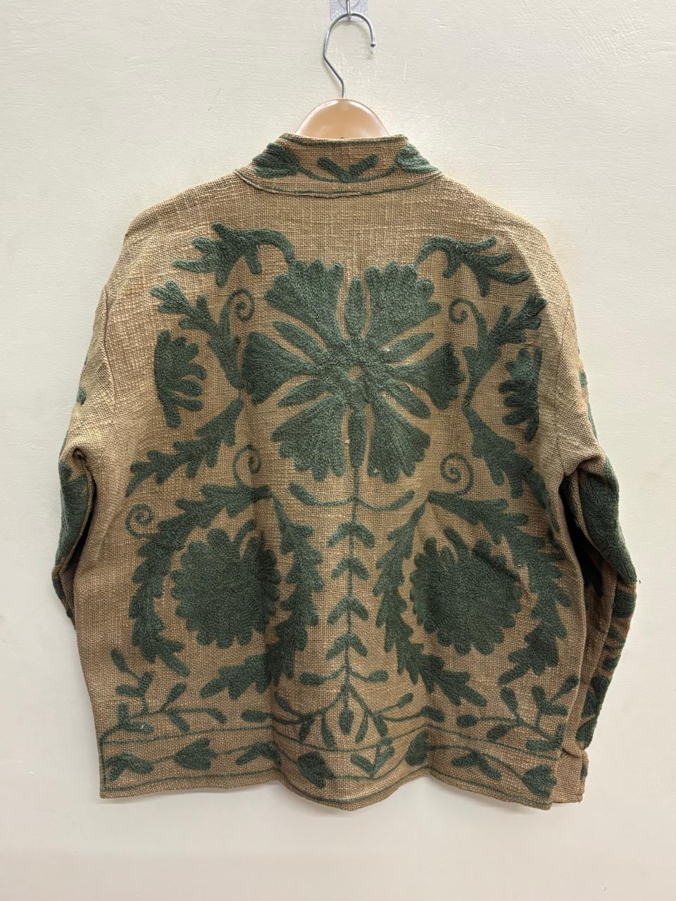 The Desert Bloom — Suzani-Embroidered Jute (Cotton) Jacket — Camel & Forest Green