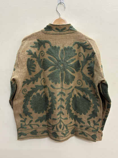 The Desert Bloom — Suzani-Embroidered Jute (Cotton) Jacket — Camel & Forest Green