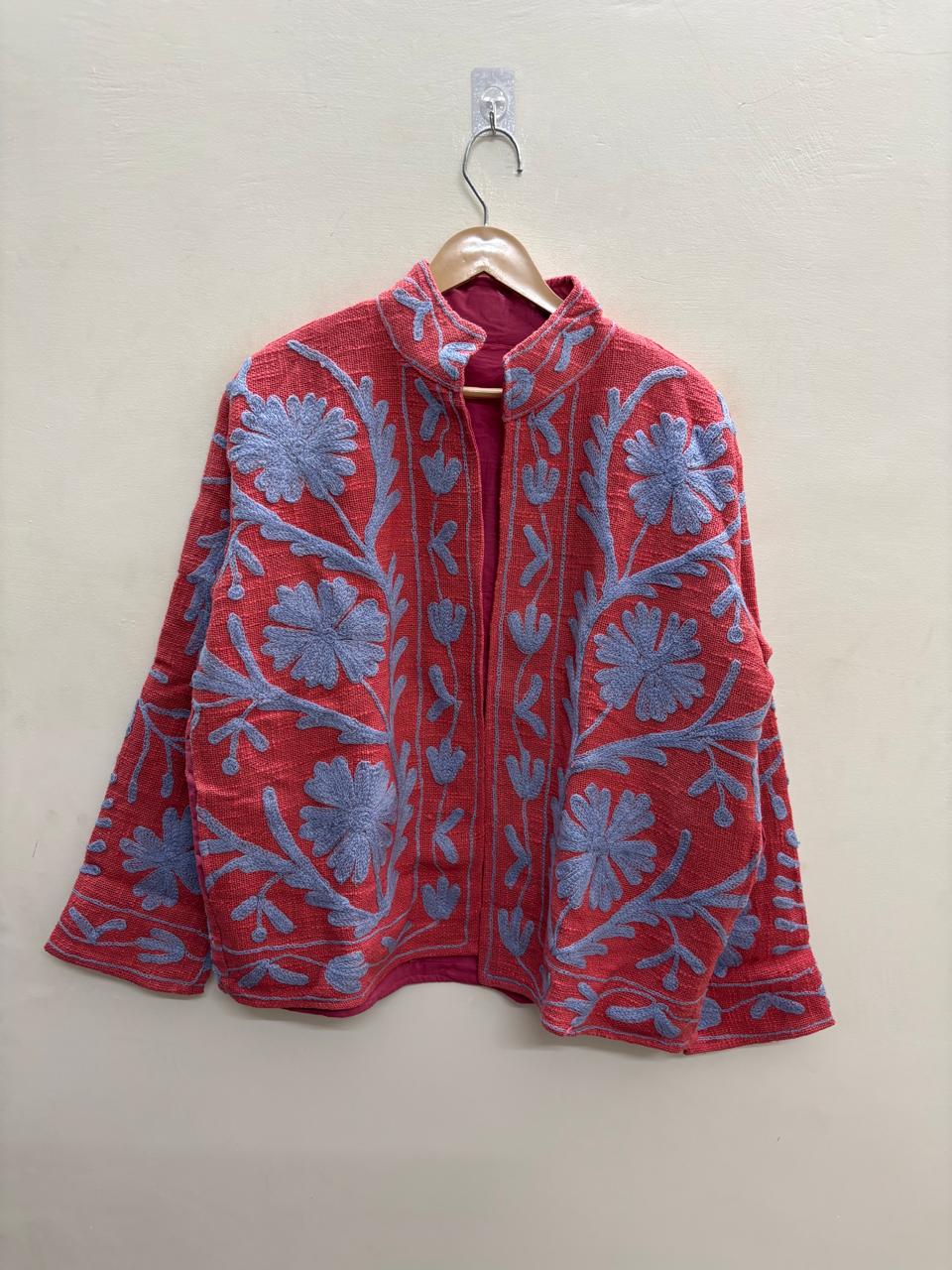 The Crimson Garden — Suzani Embroidered Cotton Jacket — Brick Red & Periwinkle Blue