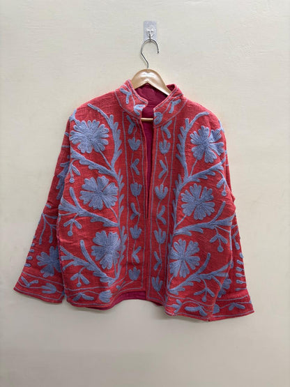 The Crimson Garden — Suzani Embroidered Cotton Jacket — Brick Red & Periwinkle Blue