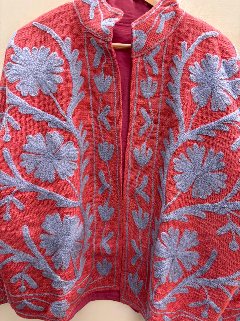 The Crimson Garden — Suzani Embroidered Cotton Jacket — Brick Red & Periwinkle Blue