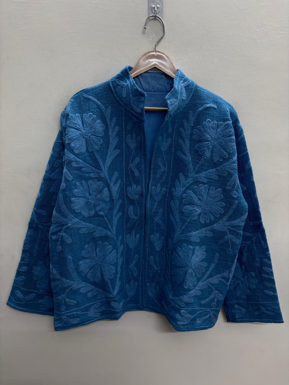 The Indigo Bloom — Aari Hand-Embroidered Cotton Jacket — Cerulean & Periwinkle